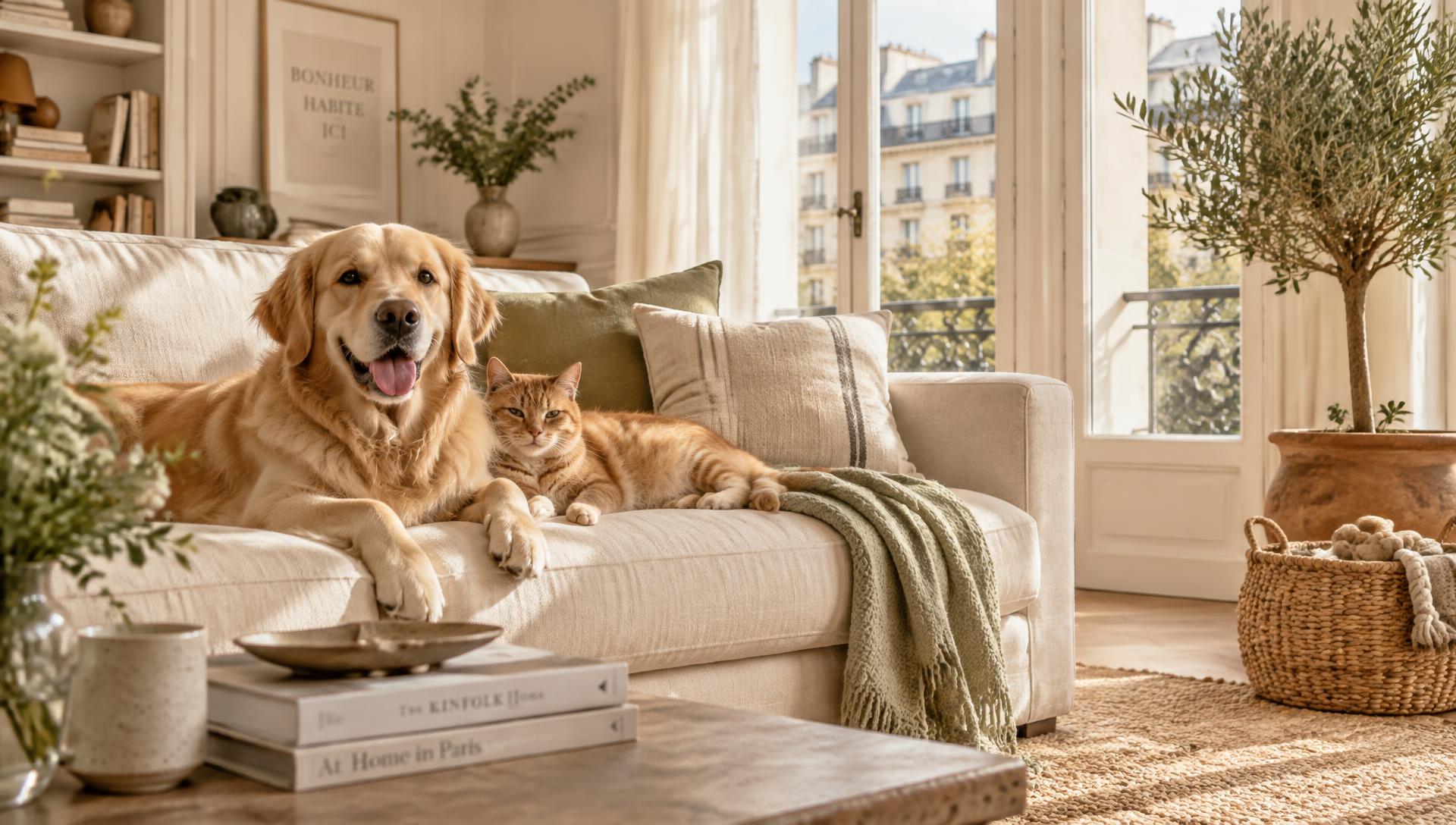 A golden retriever and a ginger cat relaxing together on a linen sofa in a sunlit apartment